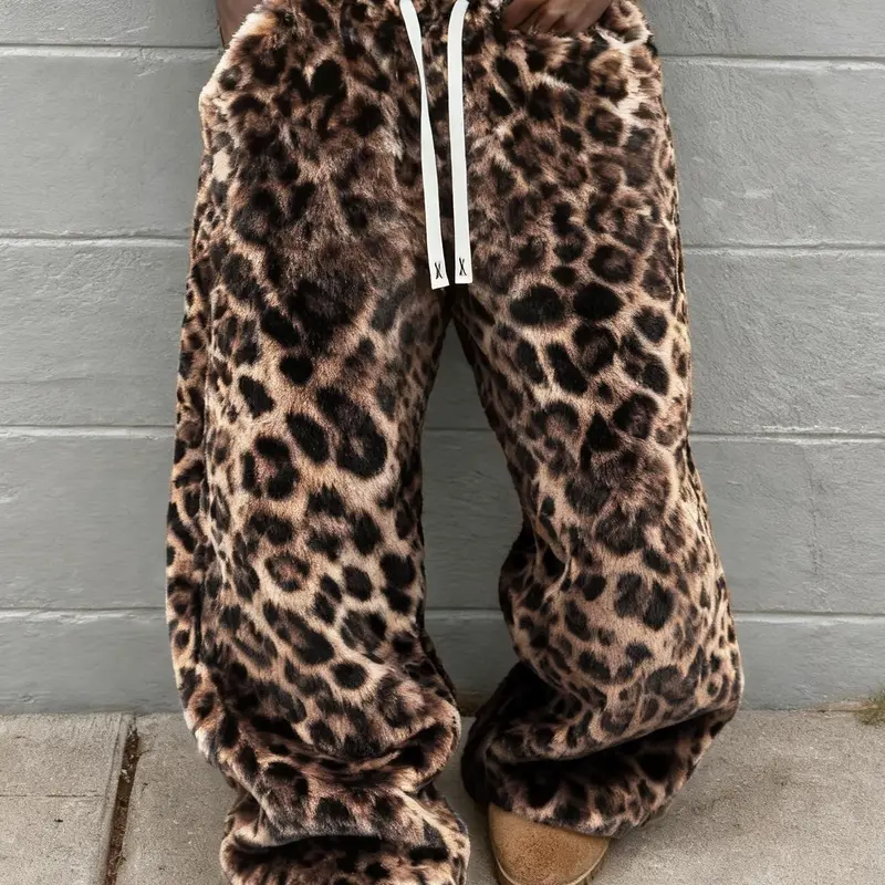 Men's Street Style Leopard Print Loose Pants, Elastic Waist Knit Sportswear, Reversible Fleece Lined Joggers for Casual Wear