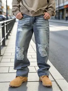 Men's Vintage Stone Washed Loose Distressed Denim Jeans, Loose Fit, Stone Washed Craftsmanship, Streetwear Hip-Hop Y2K Aesthetic Casual Pants, Suitable for Daily Parties, Clubs and Outdoor Wear, Menswear