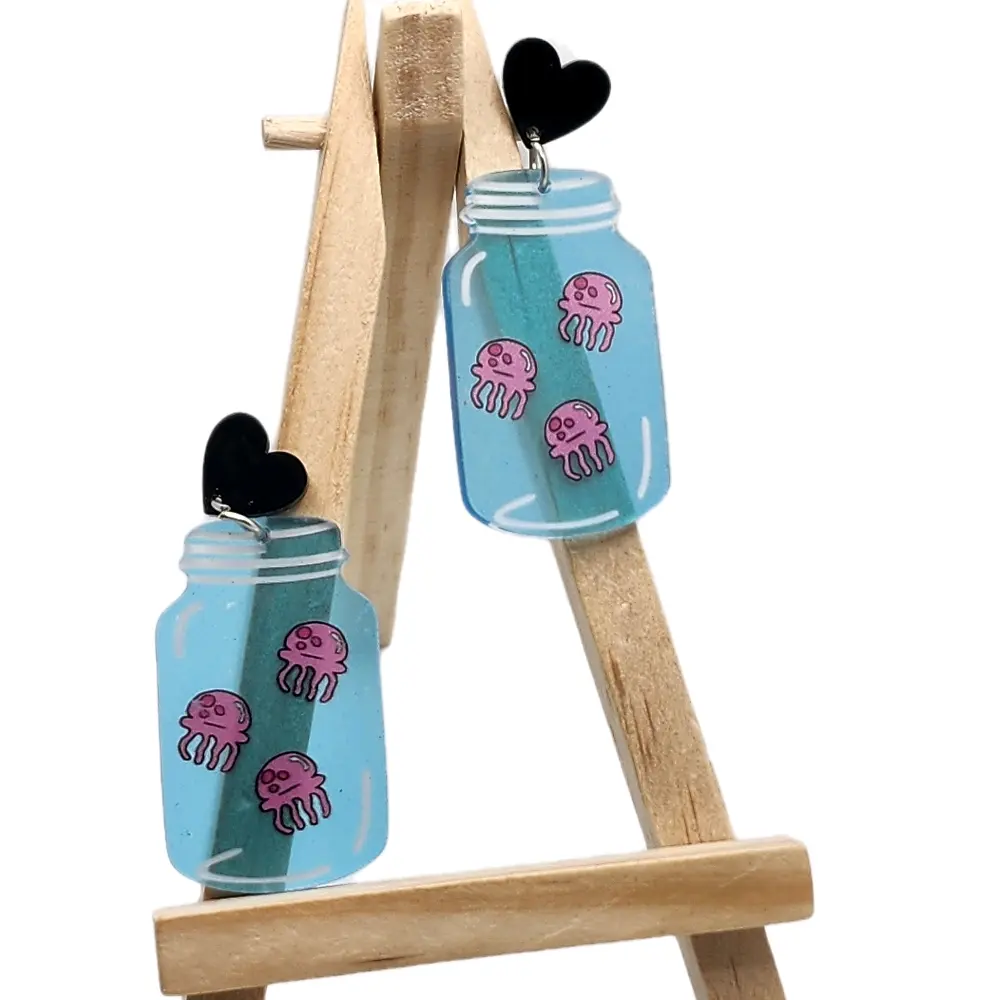 Women's Jar-Themed Jellyfish Stud Earrings, Durable Intricate Design, Blue Jar with Pink Jellyfish & Black Heart Charm, Casual Whimsical Costume Jewelry, Note: Choking Hazard Is a Small Ball
