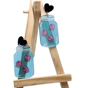 Jar of Jellyfish Earrings Durable Stud Earrings with Intricate Design Blue Jar with Pink Jellyfish Black Heart Charm Whimsical Accessory