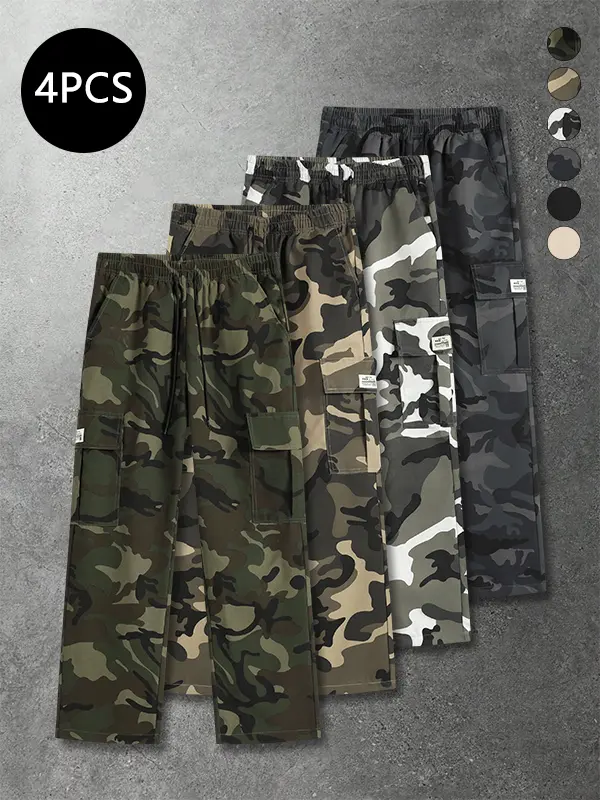 Men’s autumn camouflage baggy wide-leg sweatpants, baggy straight-leg pants, multi-pocket cargo pants, trendy printed casual long pants
