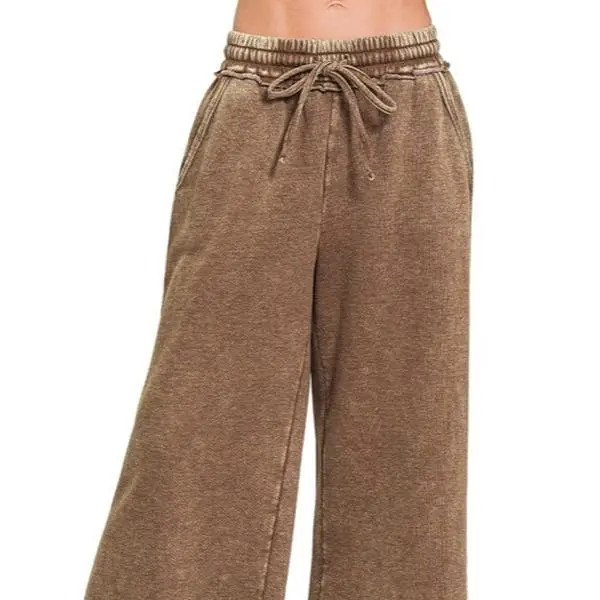 Zen Fleece Cropped Pants - Soft Cozy Women's Lounge Wear for Comfortable Everyday Style with Acid Wash Fleece Palazzo Sweatpants Design and Drawstring Waist