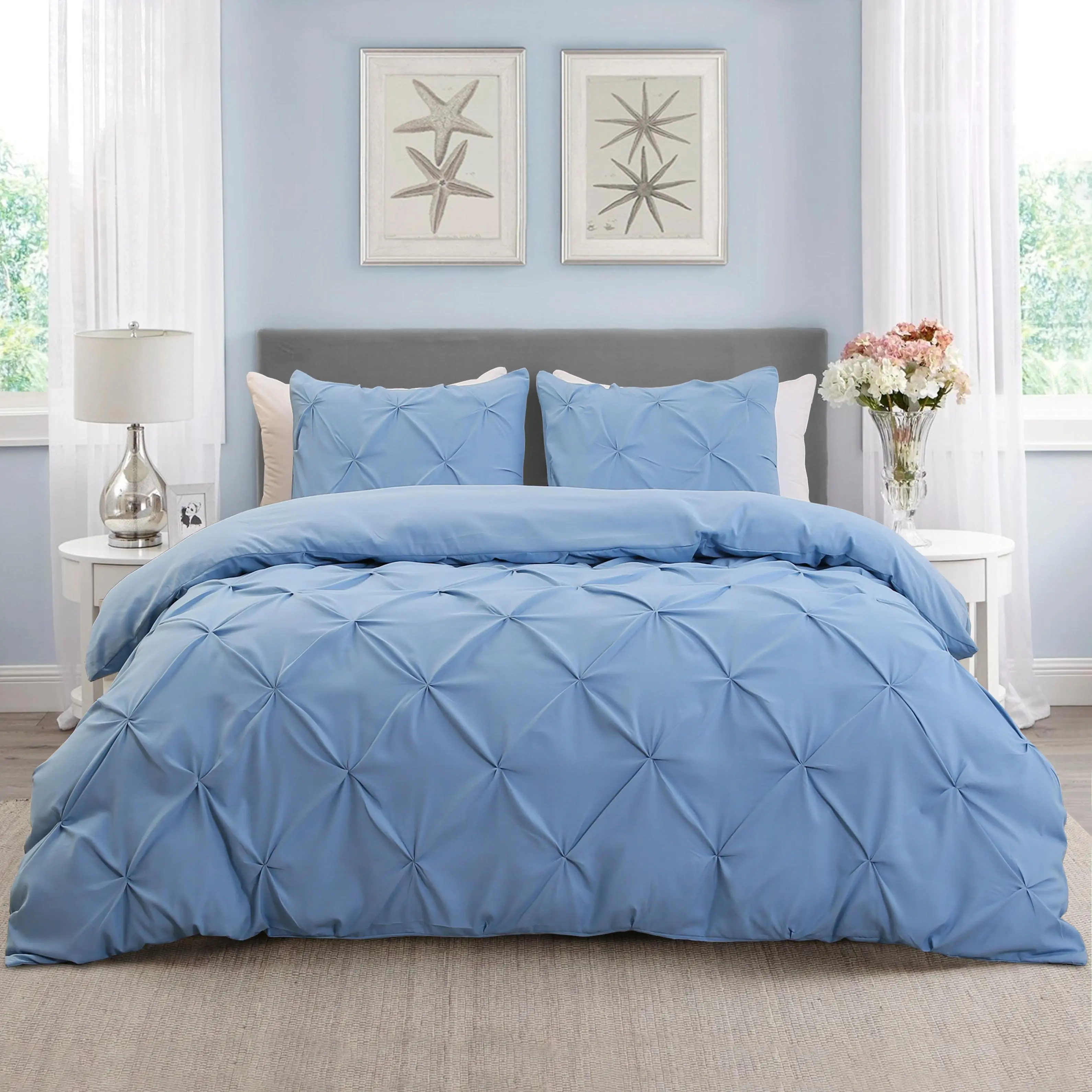 French Blue Valencia Pintuck 1 Pinch Pleat Duvet Cover & 2 Pillowcases - All Season Breathable ,Skin- Friendly, Soft & Fashion ,Breathable & Cooling