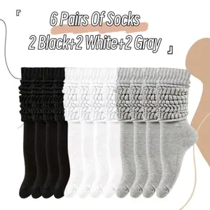 Solid Color Women Slouch Socks 6 Pairs Extra Long  Knit Knee High Thick Socks Scrunch Socks （2 Black+2 White+2 Gray）