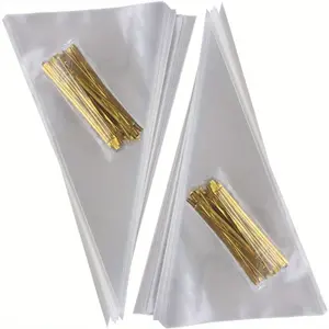 200-Piece Clear Cellophane Bags Christmas Party Favor, Cone Shaped, Cotton Candy Bags, With Ties, For Popcorn, Ice Cream Cone, Chocolates, Twist Tie, Triangle, Treat