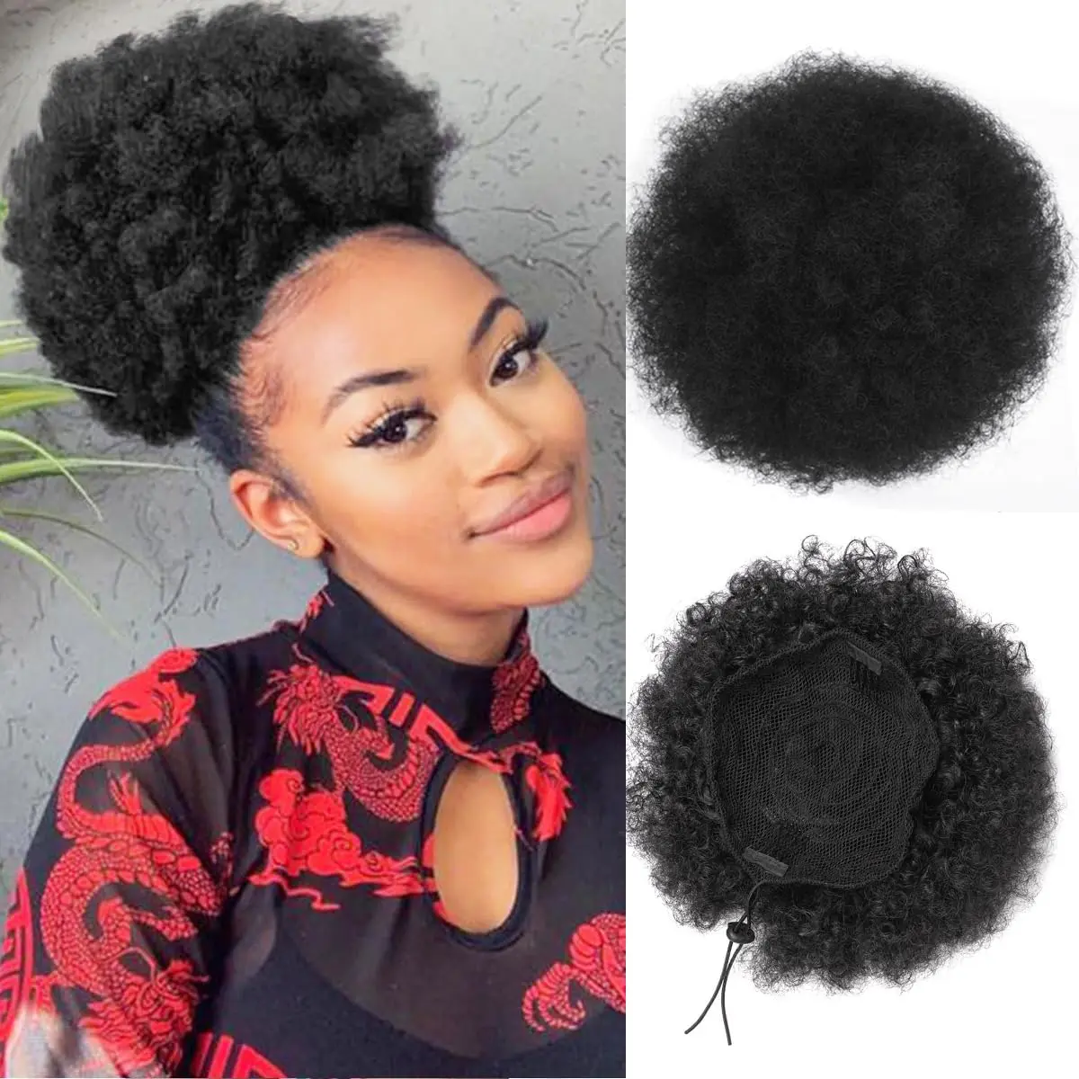 Afro Puff Drawstring Ponytail Extension Short Afro Wigs Curly Bun Hair Pieces For Women Clip On Kinky Curly Synthetic Hairpieces