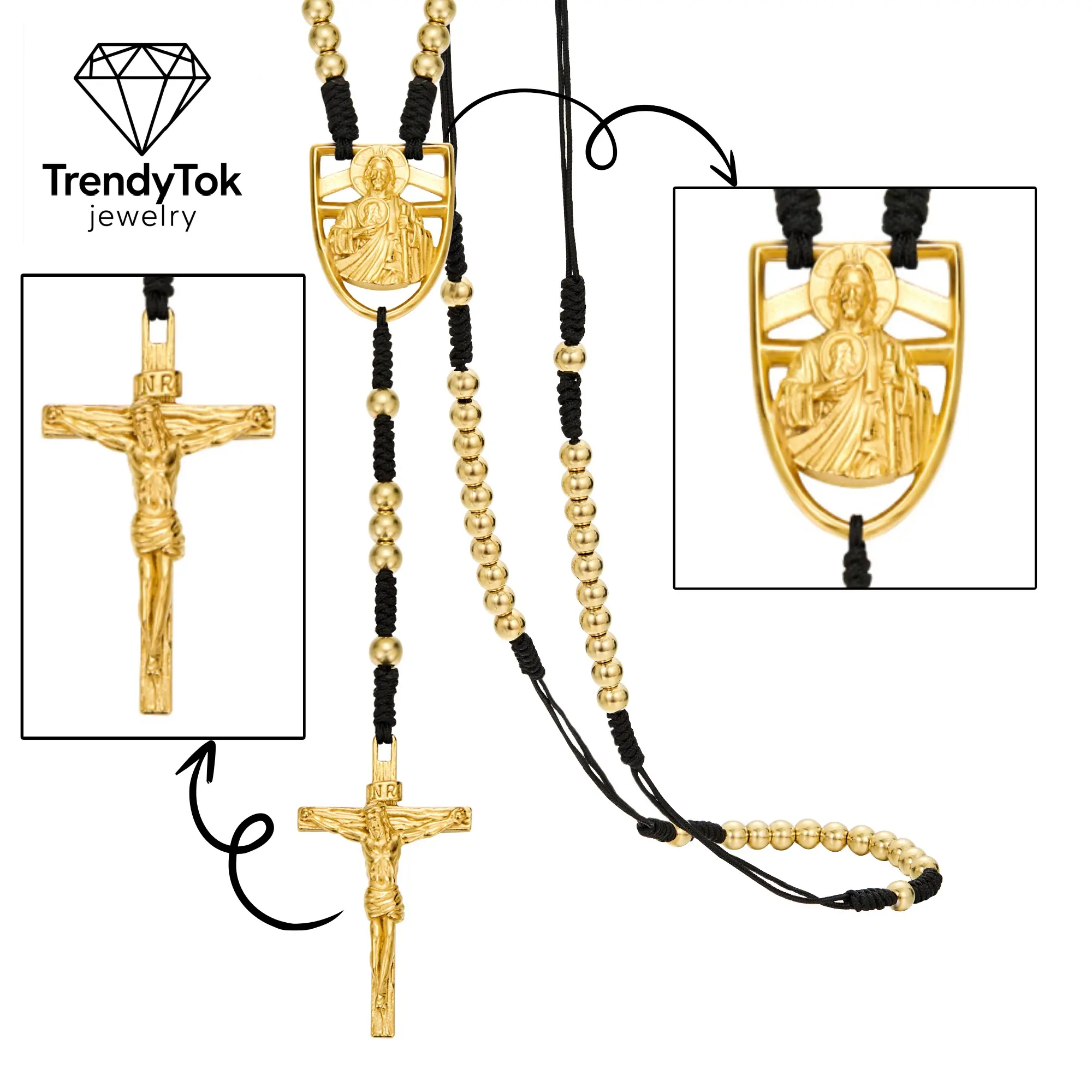 14K Gold Plated Jesus Christ Crucifix Cross Rosary Necklace, Lord's Prayer Shield Pendant, Black Braided Cord Catholic Faith Jewelry, Christian Gift of Protection & Blessing by TrendyTok Jewelry summervibes  mothers day gift
