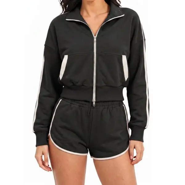 Fisoew Women's 2 Piece Contrast White Stripe Tracksuit, Stand Collar Full Zip Cropped Jacket & Elastic Drawstring Dolphin Sweat Shorts Casual Athleisure Co Ord Set
