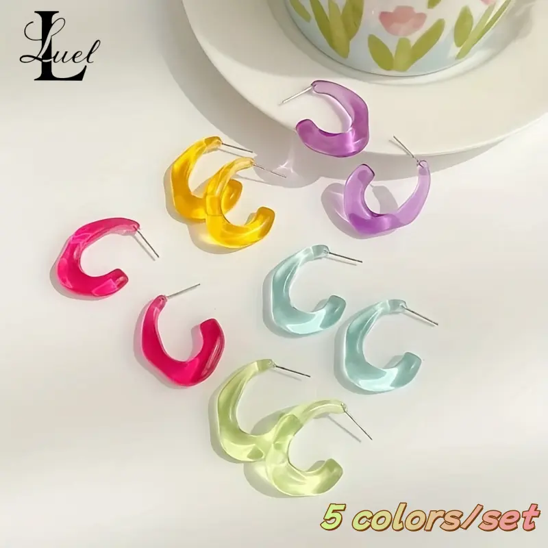 Fashion 5 Pairs/Set Jelly-Colored Acrylic Small Round Hoop Earrings C-Shaped Dangle Earrings Suitable for Women's Holiday Beach Party Accessories