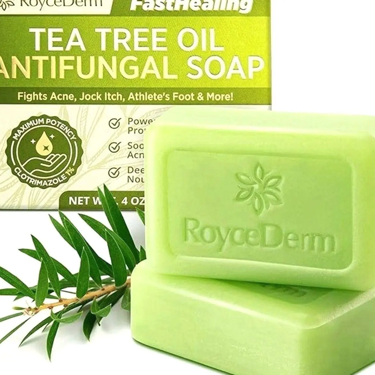 Roycederm Antifungal Antibacterial Tea Tree Soap: Antifungal Antibacterial Treatment for Face & Body Acne, Athlete's Foot, Tinea, Folliculitis Ringworm Jock Itch (Pack of 1)
