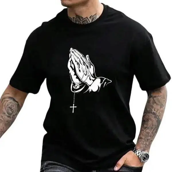 Men's Praying Hands Prayer Gesture & Rosary Cross Graphic T-Shirt, Spiritual Christian Casual Short Sleeve Crew Neck Top For Faith Lovers