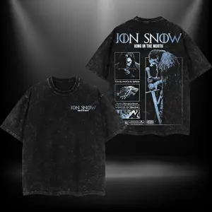 Jon Snow KING IN THE NORTH Game of Thrones A Song of Ice and Fire Double Printed Oversize Lightweight Acid Washed Tee TV Show Graphic Top Cotton Gift T-Shirt For Comic Lover, Gift T-Shirt For Movie Lover