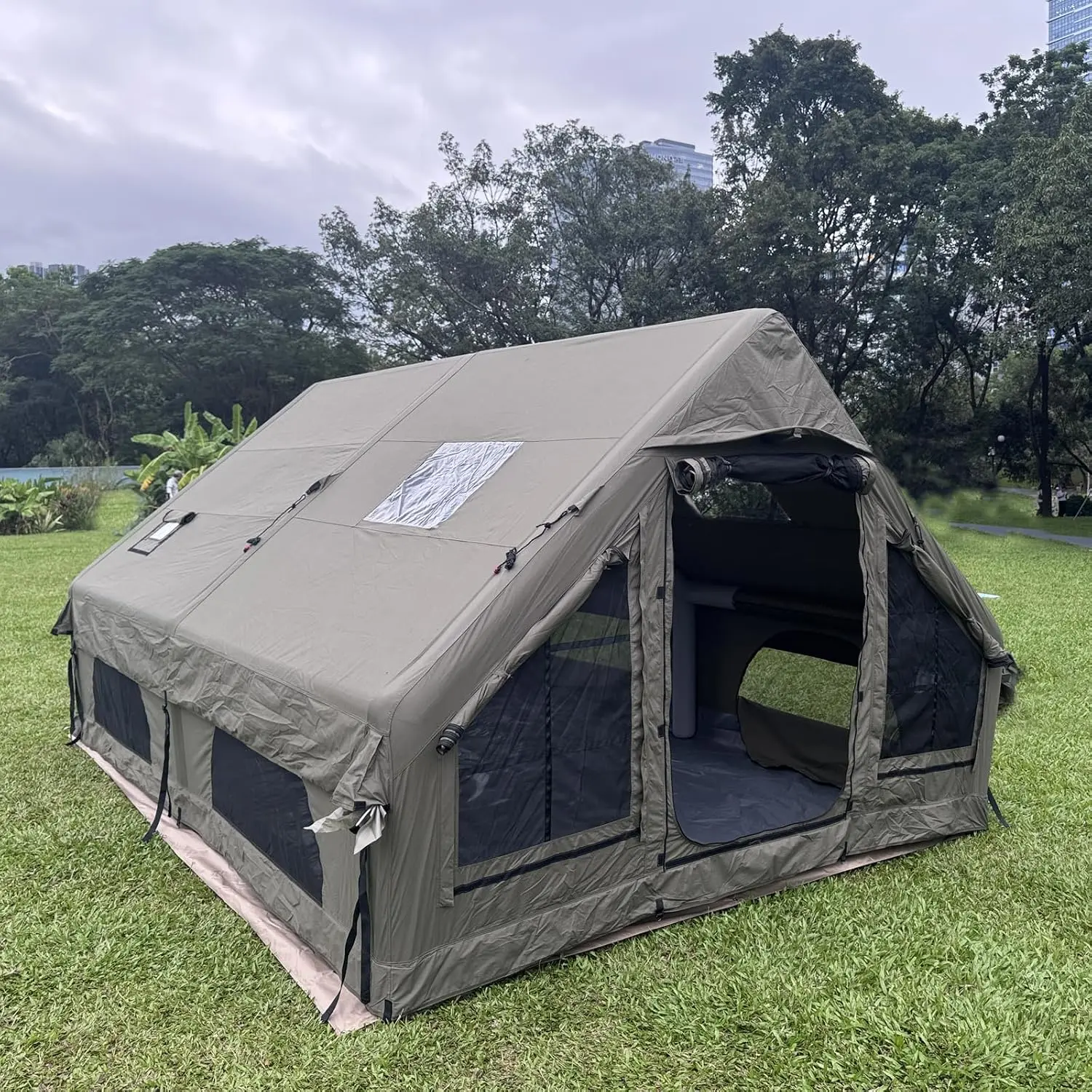 Luxury Large Inflatable Canvas Camping Tent, Skylight Stove Jack | 4-Season Cotton Hot Glamping Air Cabin House Tent, Easy Set Blow Up Big Family XXL AC Port Winter 6-8-10-12 person