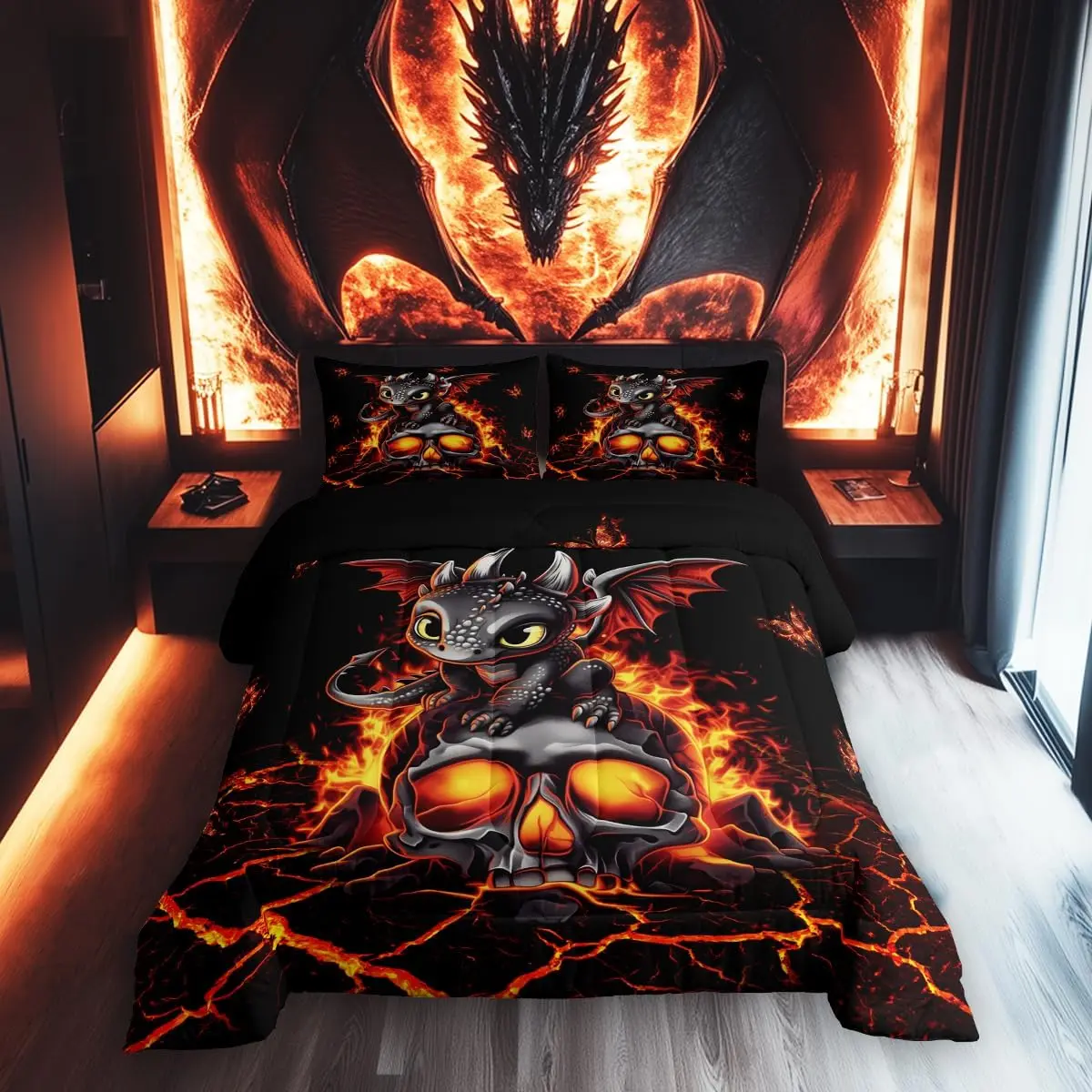 Cartoon Dragon Bedding Set Black Skull Flame Crack Comforter Lovely Halloween Dragon Down Comforter Neon Red Butterfly Duvet Insert