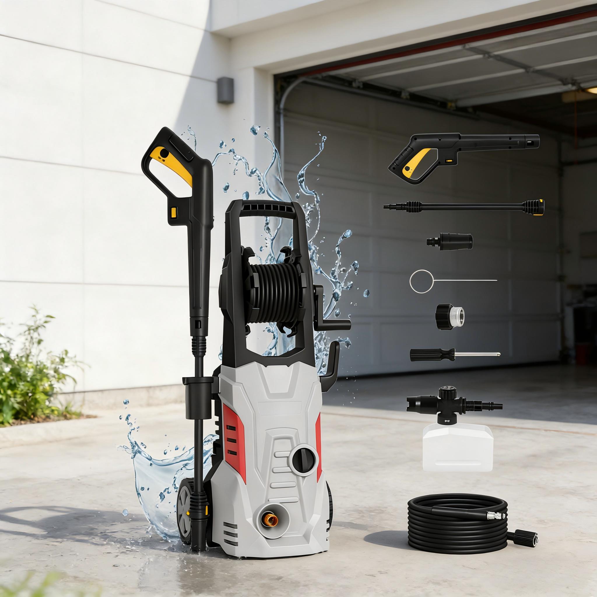 Electric high-pressure washer, US plug, metal construction, car fence and yard cleaning tool, includes hose accessories