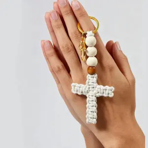 Handmade Macrame Cross Keychain – Cotton Rope Woven Religious Prayer Charm for Bag/Keys