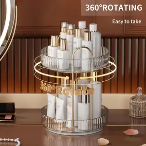 360 Rotating Makeup Organizer and Storage for Vanity Countertop 2 Tiers, High Capacity Cosmetic Skincare Perfume Organizer for Dresser Bathroom Lazy Susan Organizers(Clear White)