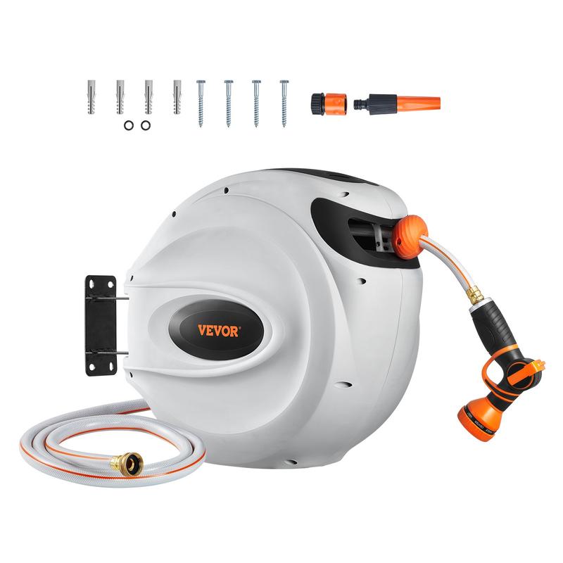 VEVOR Retractable Hose Reel, Max 130 FT / 115 FT / 100FT / 65FT / 84FT Garden Water Hose Reel with 9-Pattern Nozzle, 180° Swivel Bracket Wall-Mounted, Automatic Rewind, Lock at Any Length, with Slow Return System VEVOR Super Brand Day