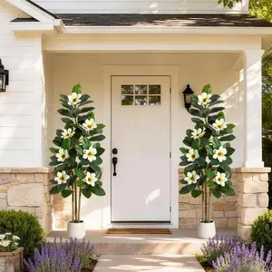 YJ-Garvee Fiddle Leaf Fig Tree Artificial Plants in 4FT, 5FT, and 6FT Heights with Magnolia Flowers,  Featuring Large Faux Rubber Trees in White Planters for Home and Office Decor