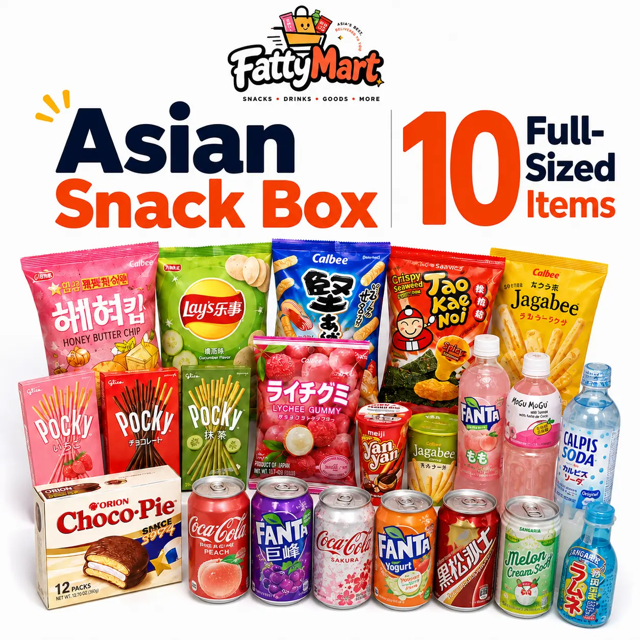 Asian Snack Box - 10 Full-Size Japanese, Chinese, Korean Assortment with Snacks & Drinks for International Lovers