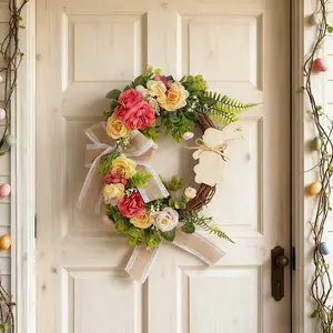 Easter Bunny Wreath Home Realistic Plant Vine Circle Wreath Party Decoration Door Hanging Prop, Festive Easter Decorations