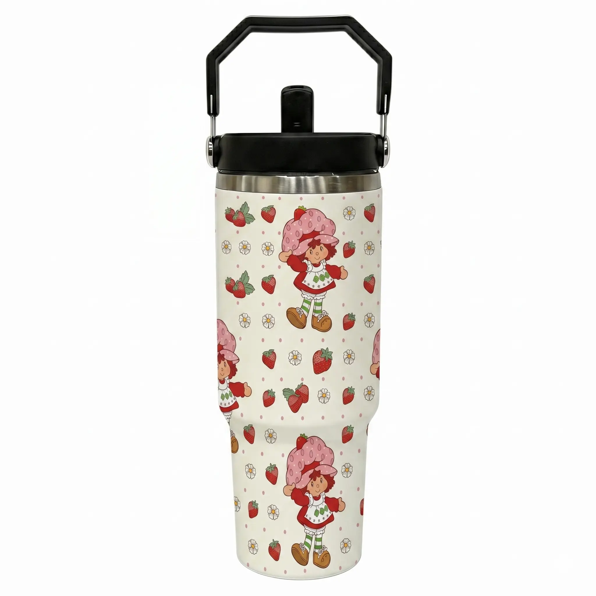 Retro Strawberry Girl Cup - 30oz Travel Tumbler with Handle - Keeps Cold 24+ Hrs - Unique Mother's Day gift - Summer Gift for Her