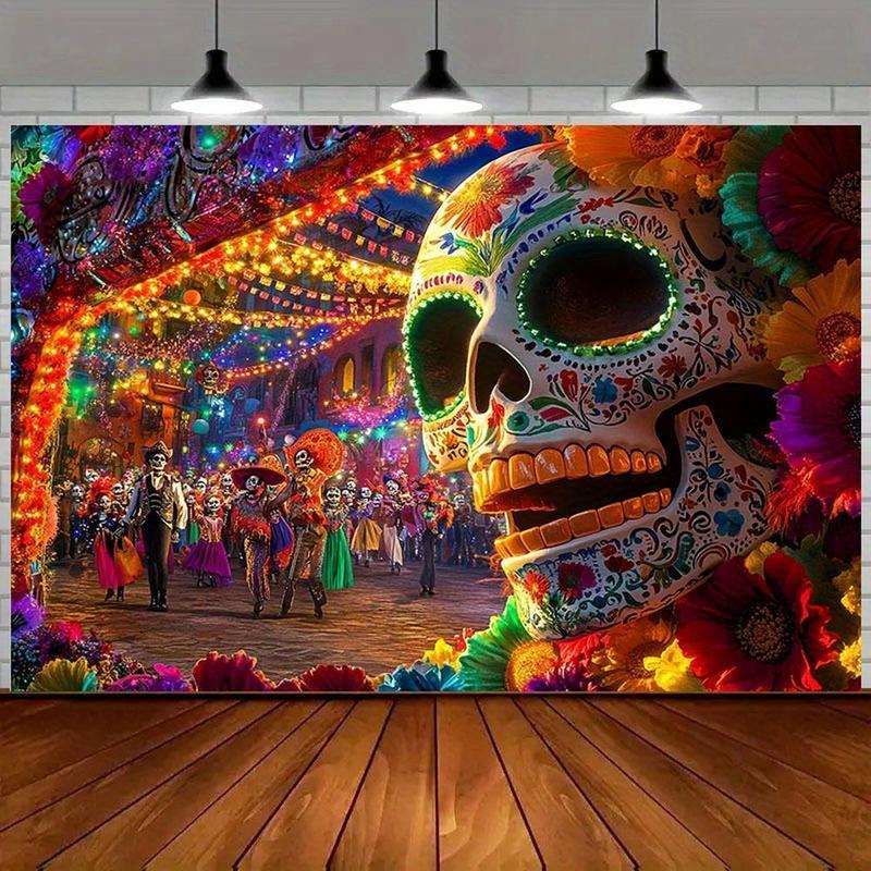1pc 2D Flat Large Dia de los Muertos Sugar Skull Party Backdrop Vibrant Mexican Folk Art Wall Decoration with Calavera Design Colorful Papel Picado & Marigold Garland No Electricity Needed Durable for Day of the De Banners Ornaments