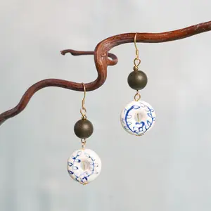 Yunpin Xiangyuan Porcelain & Incense Bead Earrings – Handmade Blue-and-White Floral Porcelain Drop Earrings with Green Incense Beads and Gold-Tone Hooks