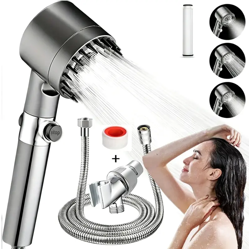 High Pressure Filtered Shower Head with Handheld Spray, Adjustable Settings, Wall-Mounted, Gray ABS Plastic, Includes Hose & Bracket for Easy Installation