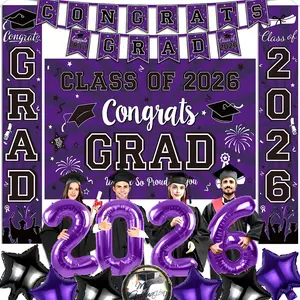 Graduation Decorations Set Class of 2026, and Party Supplies, Congrats Grad Backdrop & Banner, Porch Sign, Foil Balloons