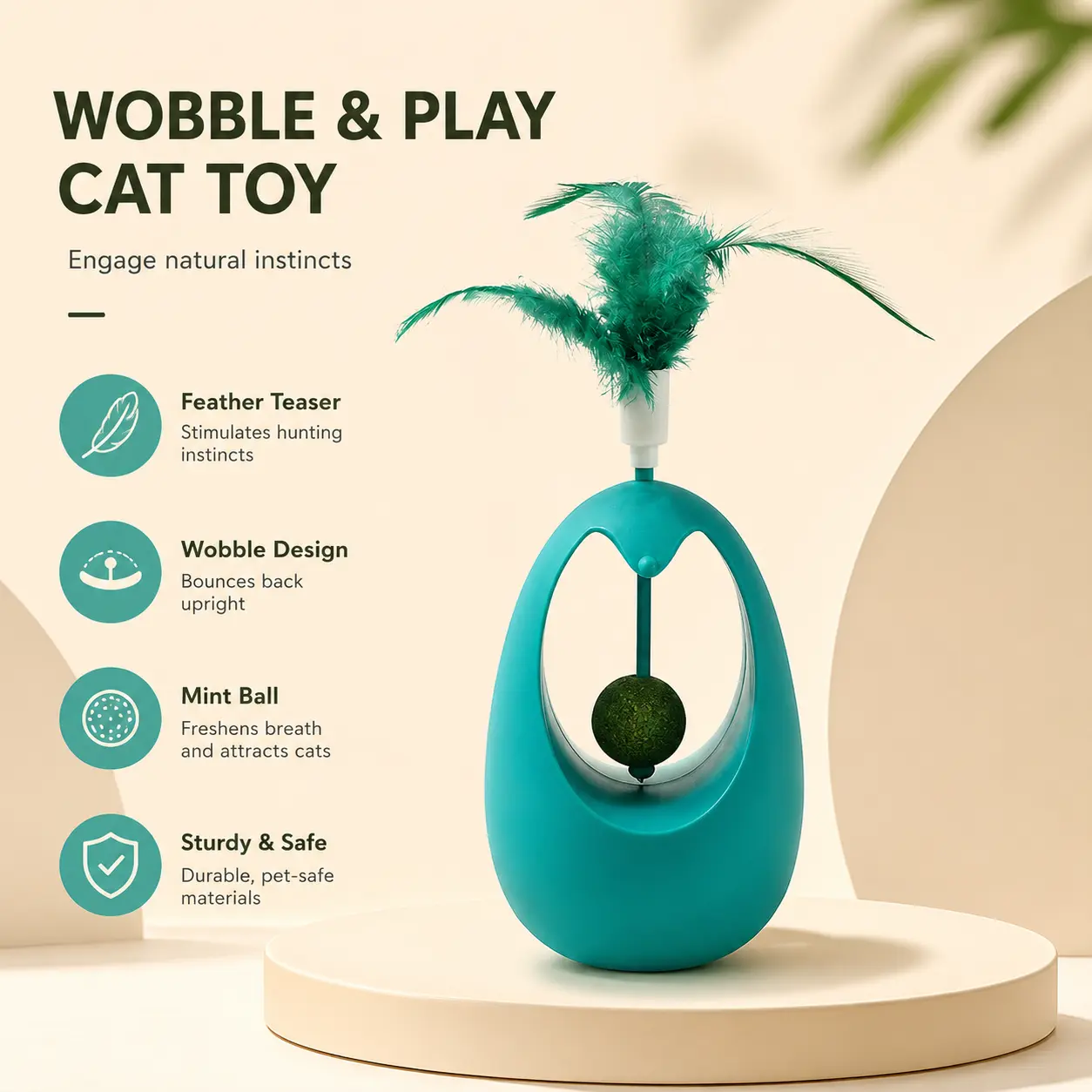 1 Count, Cat Tumbler Toy with Feather Top and Catnip Ball, Interactive Entertainment Accessory for Indoor Cats