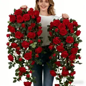Two Artificial Red Rose Vine Wreaths, Perfect for Spring Floral Arrangements for Hotels And Offices, As Well As for Decorating Rooms, Parties, Weddings, And Birthday Celebrations. They Can Also Be Used for New Year Decorations, Artificial Flower