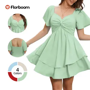 Florboom Women's Sweetheart Knot Front Mini Dress,Flutter Sleeve Layered Ruffle Hem A-Line Short Dress, Easter dress,Lightweight Summer Fit & Flare Dress for Vacation, Parties, and Everyday Style