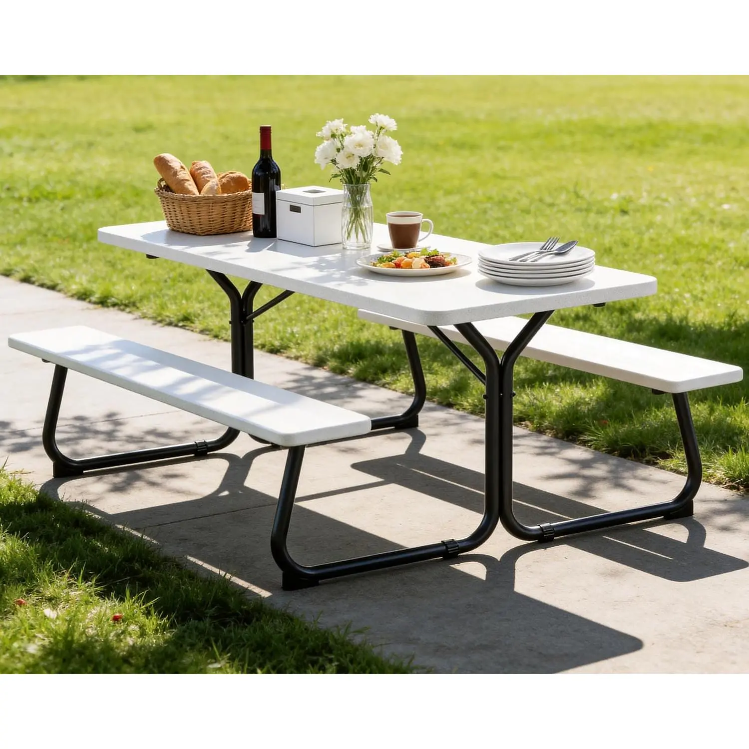Picnic Table, 6 FT Outdoor Picnic Table with Benches for 8 People, Heavy Duty Picnic Bench Set with Steel Frame, 600LBS Capacity, Patio Dining Table Set for Backyard, Park, Garden, School