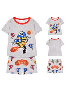 Boys' 2-Piece Short Sleeve Shorts Pajama Set, Basketball Vintage Cartoon Print, Casual Comfortable Homewear Sleepwear