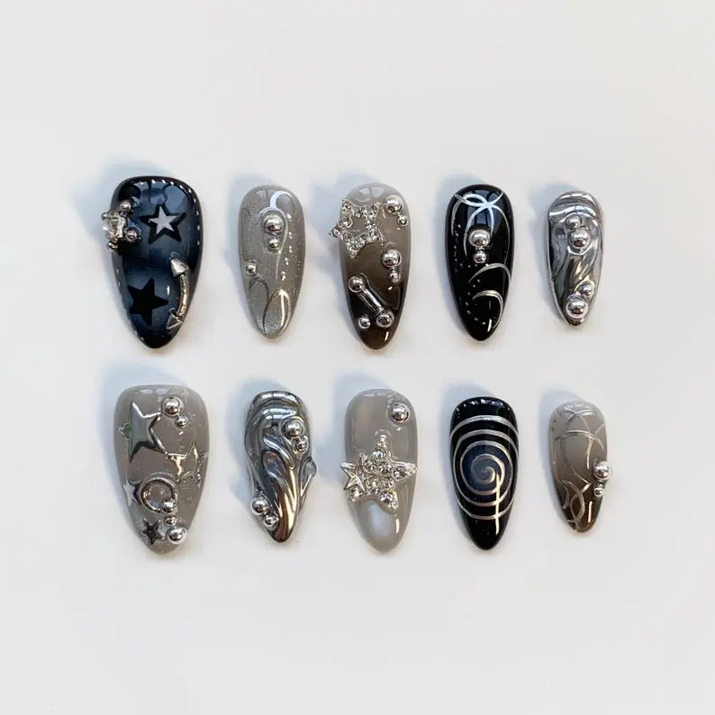 Y2K Star Press On Nails, Silver Cat Eye Black Nails, Long Almond Sparkle Fake Nails, 3D Chrome Metallic Nail Set, Trendy Gothic Glam Glue On Nails