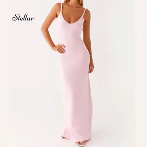 Women Twist Spaghetti Straps Bodycon Maxi Dress Sleeveless Scoop Neck Long Dress Backless Elegant Cocktail Dresses