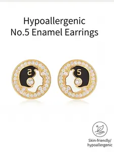 Hypoallergenic No.5 Enamel Coin Stud Earrings for Women, Gold-Plated Black & White Enamel with Rhinestones, for Daily Party Date Office Wedding, Ideal Birthday Valentine's Anniversary Mother's Day Christmas Gift for Girlfriend Mom Bestie.