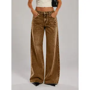 Women's Retro Washed Baggy Wide-Leg Jeans - Vintage Brown Olive Green Dyed High-Waist Flared Trousers, Streetwear Aesthetic Casual Denim, Womenswear Bottom