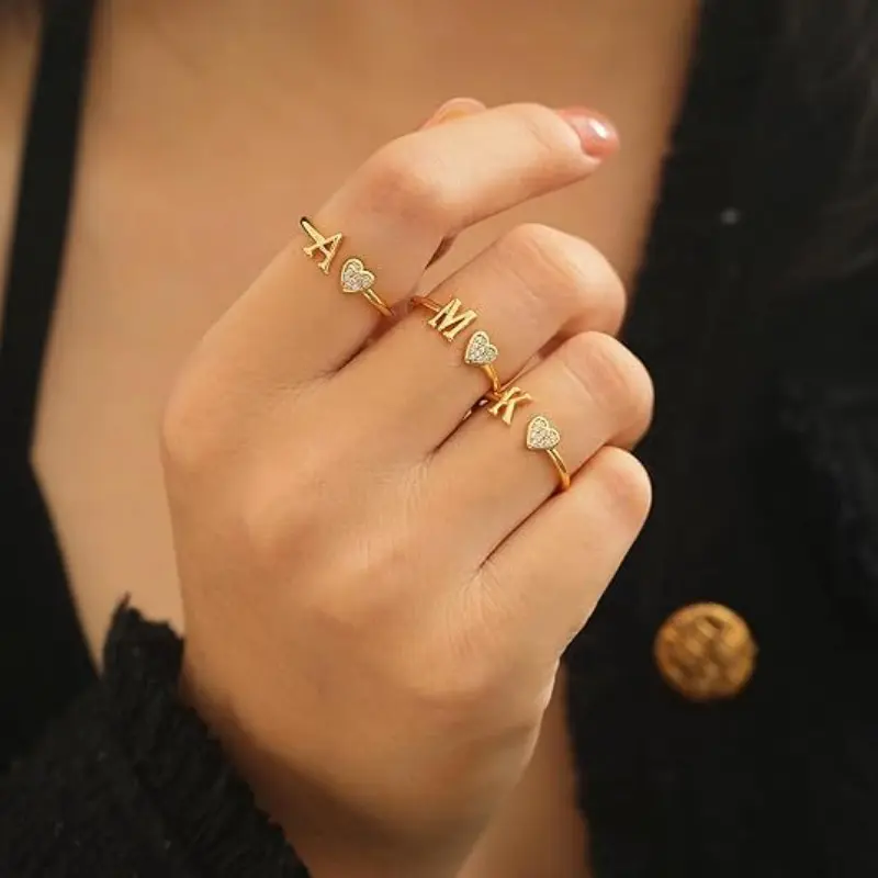 14K Gold Plated Adjustable Letter Rings Exquisite Shiny Cubic Zirconia Charm Heart Teen Girl Gifts Trendy Stuff Non Tarnish Ring Birthday Gifts CZ Initial Ring Chic Stackable Ring Festivals, Birthdays, and Special Occasions
