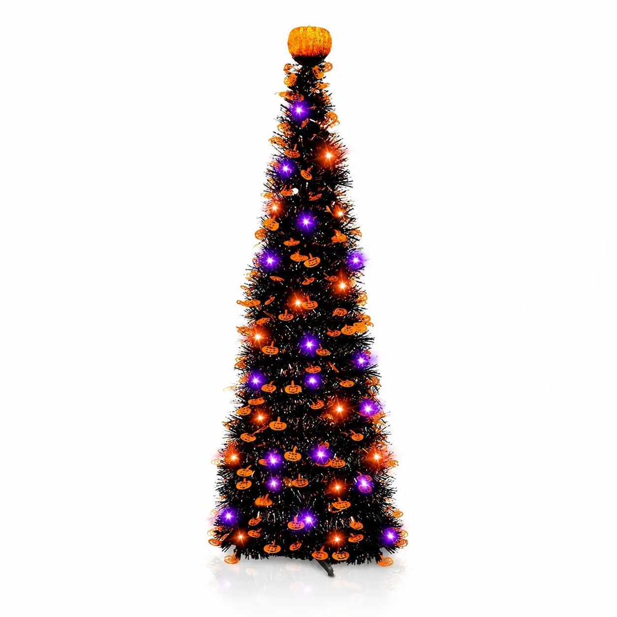 Timer - 6 Ft 60 LED Tinsel Halloween Tree Decor with Orange & Purple Lights, 8 Modes Pop Up Pumpkin Tree Indoor Outdoor