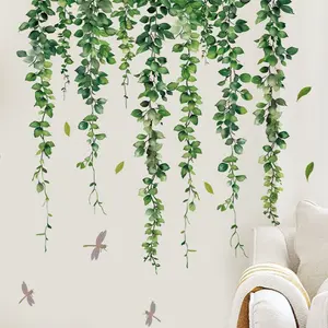 Leaf Wall Sticker, Hanging Vine Wallpaper with Dragonflies, Removable Decorative Art Decal, Floral Pattern Sticker for Bedroom, Living Room, Kids' Playroom