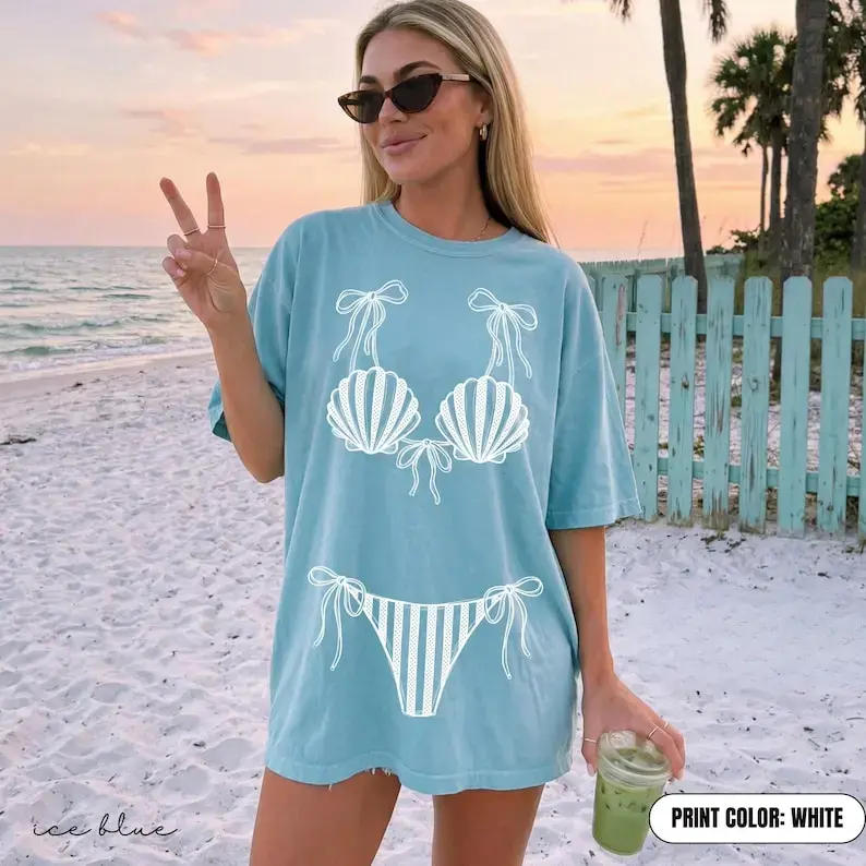Comfort Colors Seashell Bikini Shirt, Girls Beach Party Coastal Trip Tee, Bikini Bachelorette Shirts