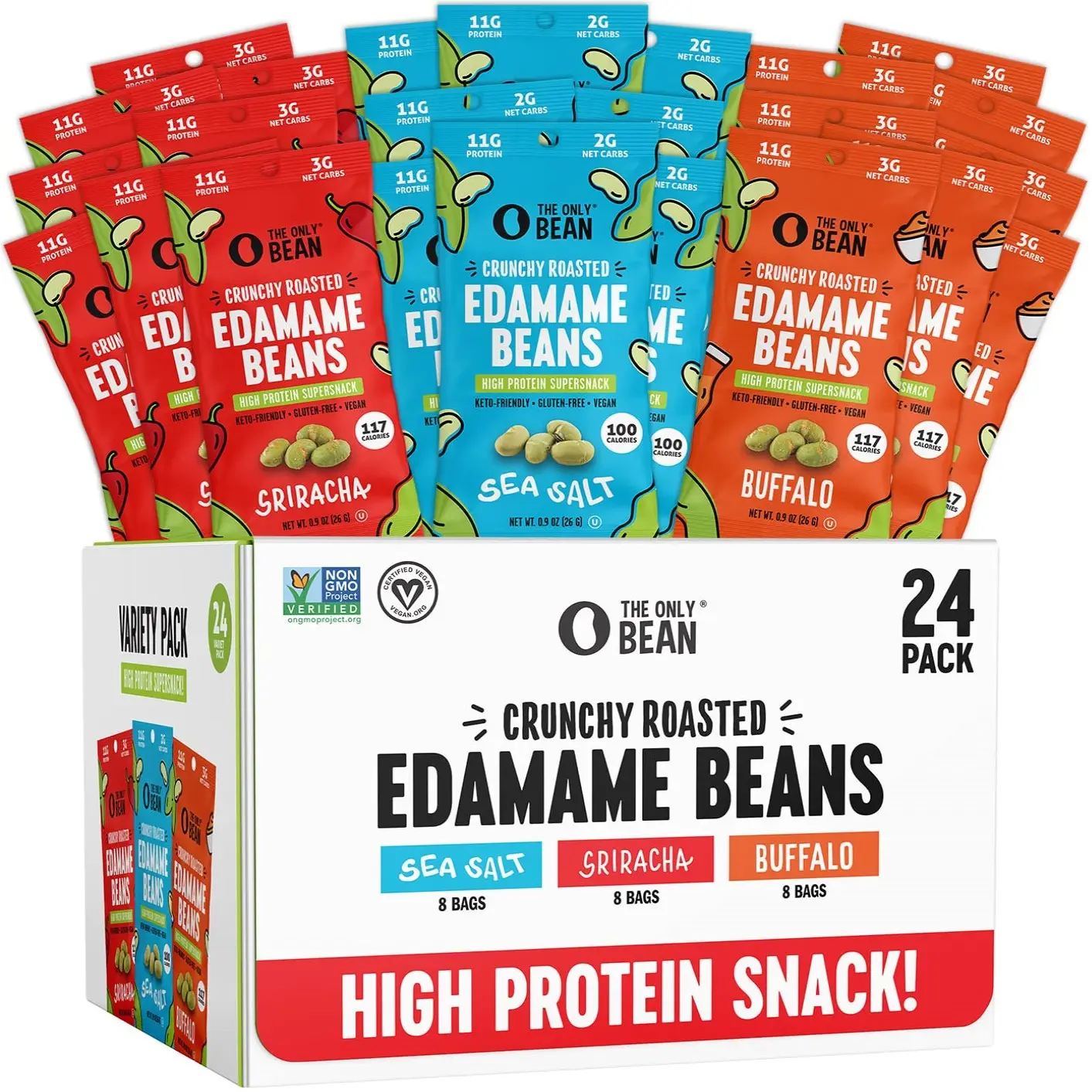 The Only Bean - Crunchy Roasted Edamame Beans (Variety Pack) - High Protein, Healthy Snacks, Low Carb, High Fiber, Gluten-Free & Vegan (0.9oz) (24 Pac
