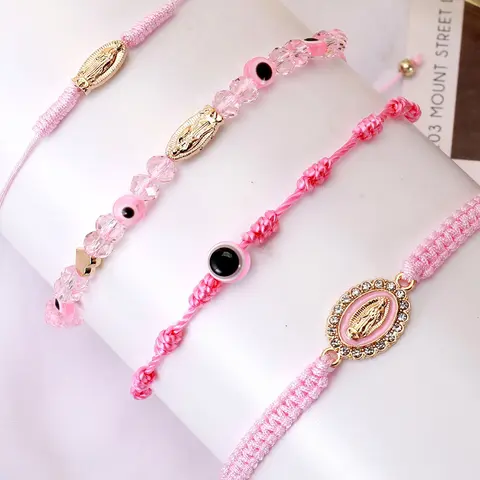 4pcs Cross Mexican Bracelets, Virgin Mary San Judas Bracelet, Heart Charm String Evil Eye Beads, Jewelry Gift for Women Girls, Braided Bracelet, Beaded Bracelet Set