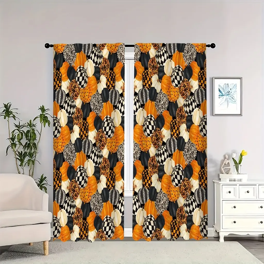 Pumpkin pattern, black, white, and orange color scheme, autumn theme, reversible blackout curtains, suitable for living rooms, bedrooms, and apartments, perfect for decorating in the new year.