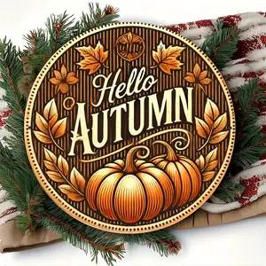 Hello Autumn Round Iron Wall Art 8x8 Inch Fall Decor Wreaths Home Accents 2D Flat Print for Kitchen Living Room Bedroom Wall Decor Perfect Gift for Housewarming Thanksgiving Holiday Seasonal Home Decoration