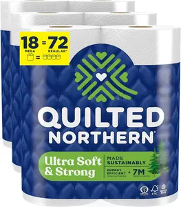 Quilted Northern Ultra Soft & Strong 2-Ply Unscented Toilet Paper Pack, 18 Mega Rolls (=72 Regular Rolls), 5X Stronger*, Premium Soft Toilet Tissue with Sheets