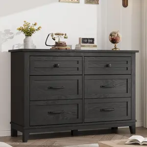 Garvee Farmhouse Style 6-Drawer Wooden Dresser, 47 Inch Wide Freestanding Storage Chest in Rustic White or Black, Perfect for Bedroom, Living Room, Entryway, Nursery, and Small Spaces