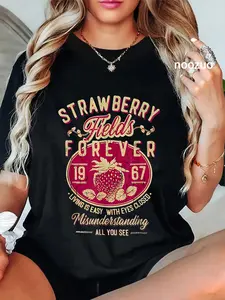 100% Cotton Unisex Strawberry Fields Forever 1967 Gifts For Music Lovers Fruit T-Shirt Casual Top
